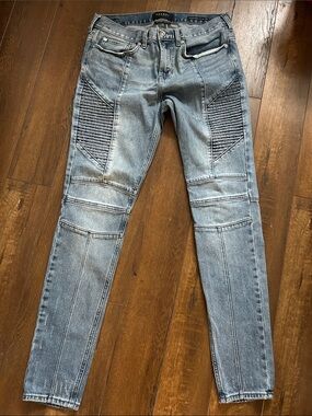 PacSun men’s  Skinny Moto Jeans in Light Blue Wash.